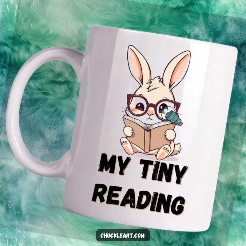 Funny rabbit mug showing a rabbit wearing oversized spectacles trying to read a microscopic book, representing studious humor and dedication.