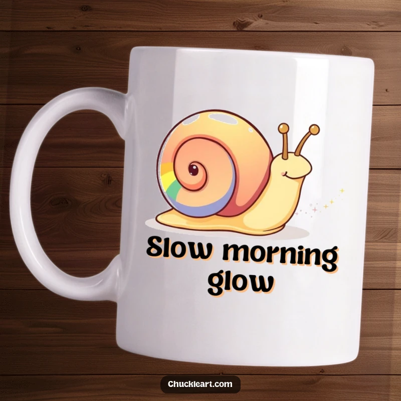 Funny rainbow snail mug showing a snail with a vibrant, multi-colored shell leaving a shimmering, sparkly trail.