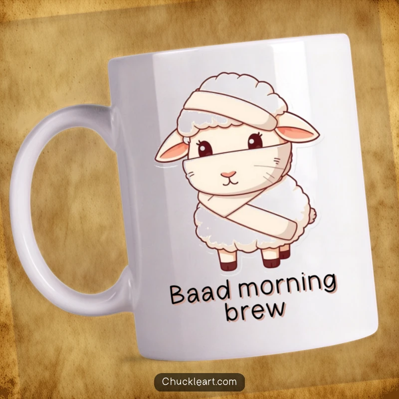 Funny mug showing a sheep wearing a giant bandage and looking sheepish, conveying relatable embarrassment and humor.