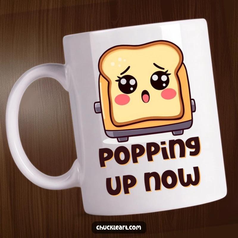 Funny shocked piece of toast with eyes, popping out of a toaster, on a mug, capturing breakfast surprise.