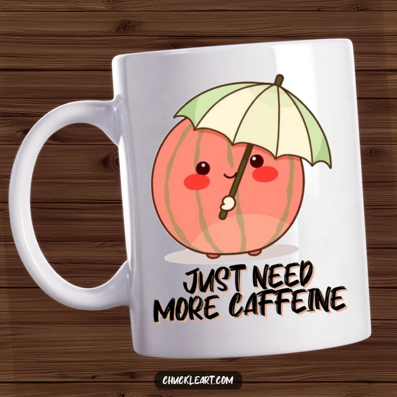 Funny shy watermelon blushing crimson, hiding behind a tiny umbrella, a sweet and humorous mug design.