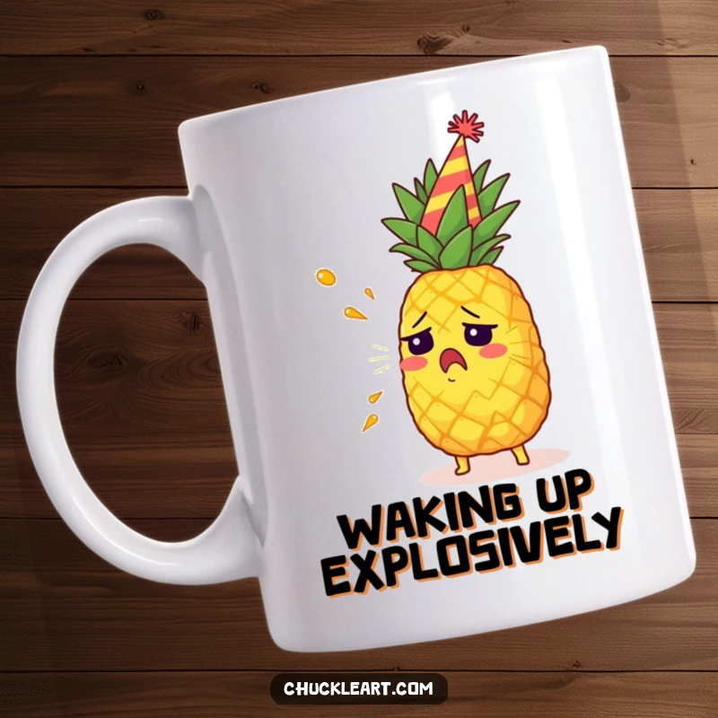 Funny startled pineapple wearing a party hat, accidentally spraying juice, a chaotic and humorous mug.