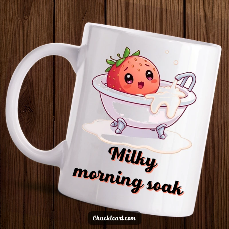 Funny mug showcasing a strawberry surprised in an overflowing milk bathtub, embodying morning chaos and humor.
