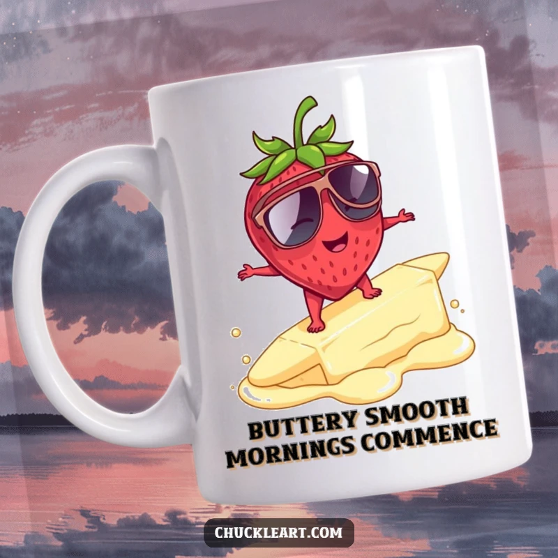 Funny strawberry surfing sunglasses melting butter, a hilarious and cool fruit character making a comedic splash.