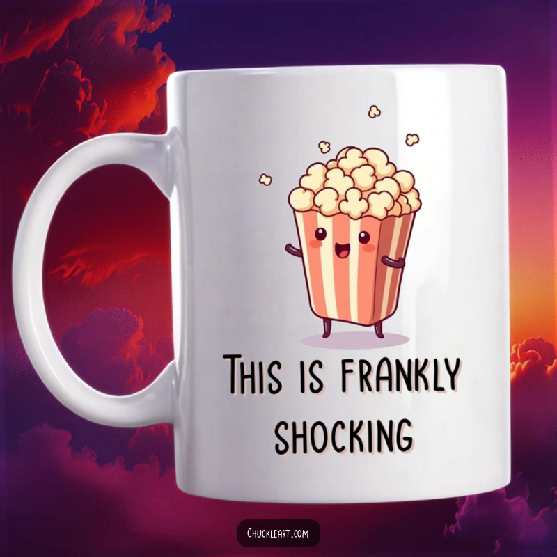Funny mug with a piece of popcorn leaping out of its bag in a comical, surprising motion, perfect for movie buffs.