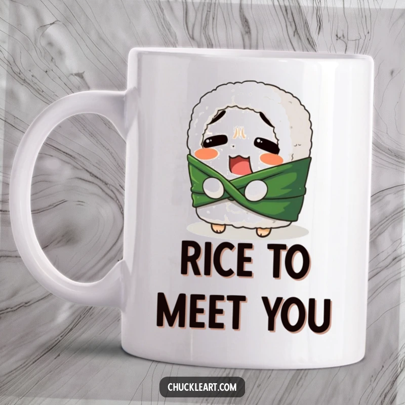Funny mug showing a confused sushi roll struggling to tie its seaweed belt, capturing a moment of adorable culinary chaos.