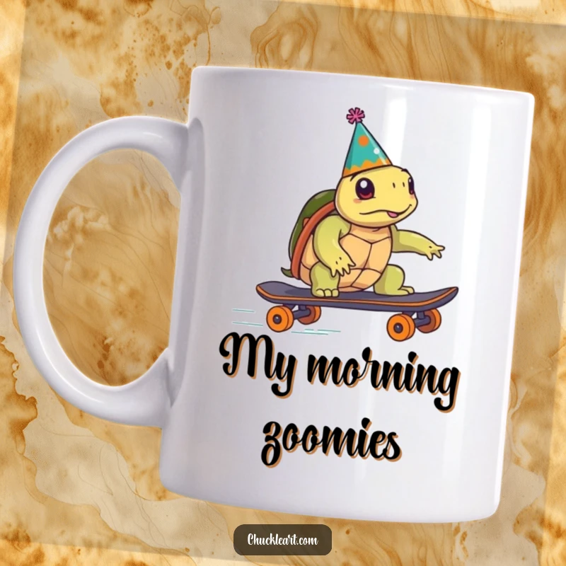 Funny turtle in a party hat humorously attempts to speed on a skateboard, spilling out with comedic effect, perfect for a funny gift.