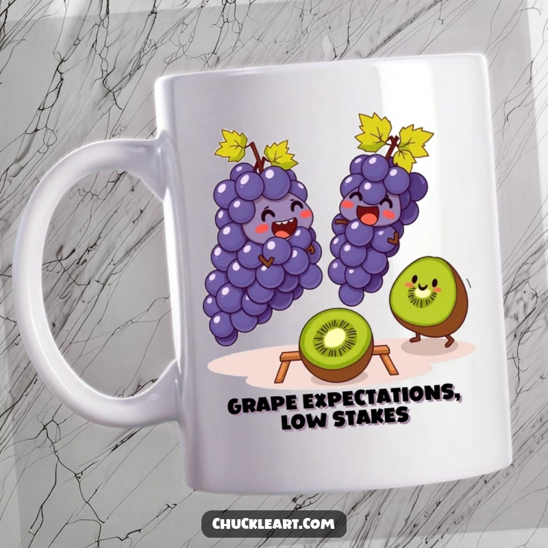 Funny mug featuring giggling grapes playing leapfrog with a kiwi, capturing a moment of playful fruit chaos and laughter.