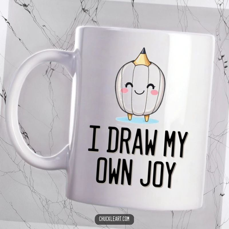 Funny mug with a happy little pencil cheerfully drawing a smiley face on its own body.