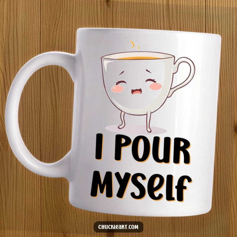 Funny bewildered teacup with legs, attempting to pour itself, on a mug, showcasing chaotic morning energy.