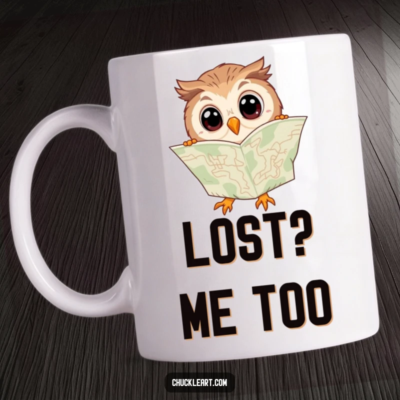 Funny mug with a wide-eyed, clumsy owl reading a map upside down, looking utterly bewildered and lost.