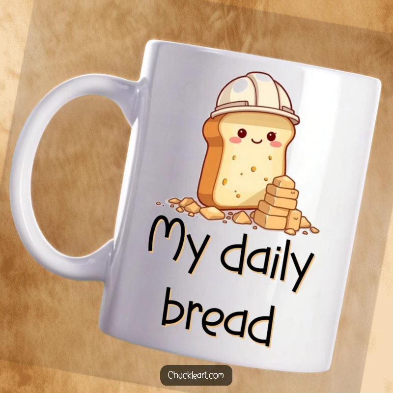 Funny mug showing a loaf of bread in a construction hat building a crumb tower, a humorous bakery scene.