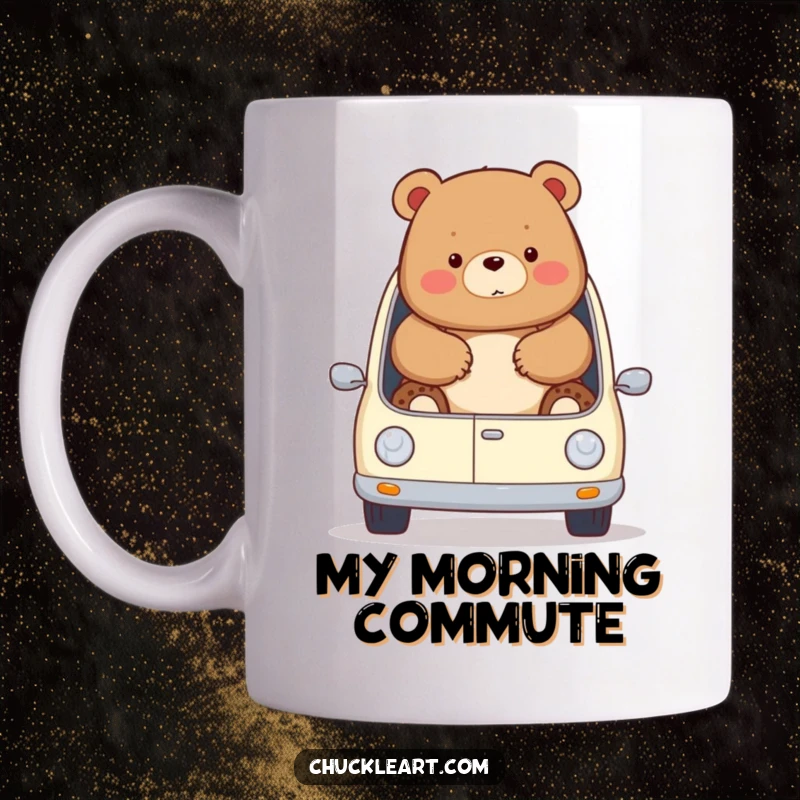 Funny chubby bear comically trying to fit into a miniature car, spilling out, on a mug, perfect for a funny gift.