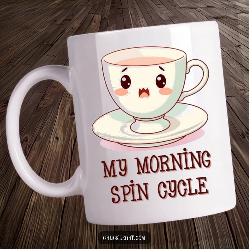 Funny spinning teacup mug, a surprised porcelain cup mid-whirl on its saucer, capturing a moment of delightful chaos.