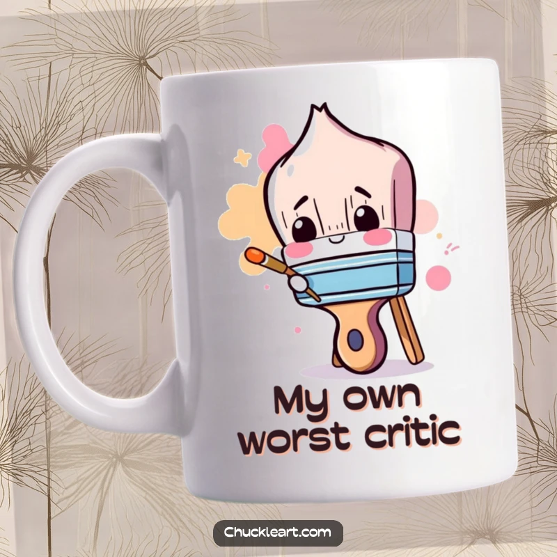 Funny mug showcasing a clumsy paintbrush comically attempting to paint its own handle, perfect for art lovers.