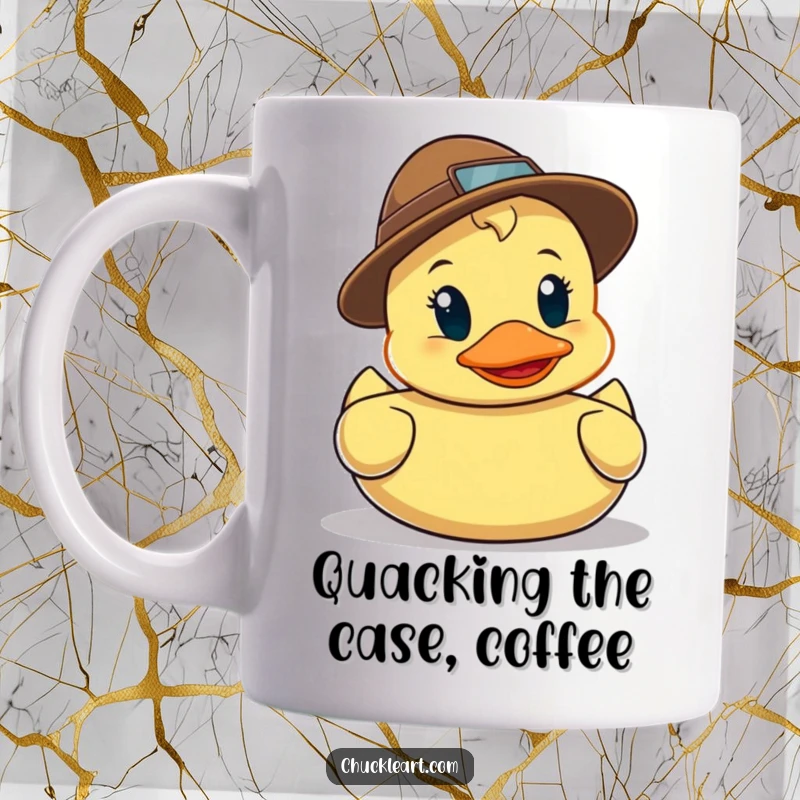 Funny mug featuring a cute rubber duck wearing a tiny detective hat and magnifying glass, searching for clues with a mischievous grin.