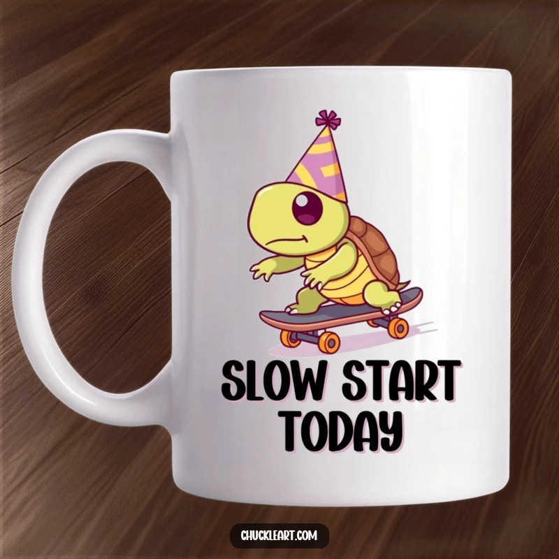 Funny mug showing a determined turtle wearing a party hat, attempting to skateboard at high speed, a comical scene of ambition vs. reality.