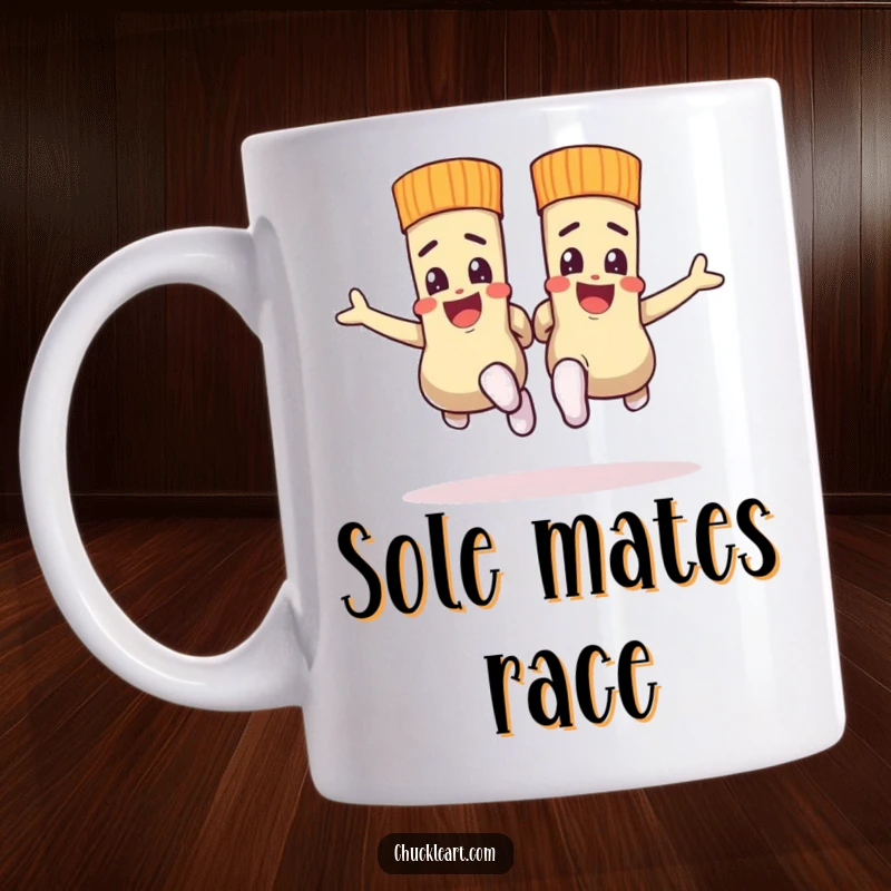 Funny mug depicting two socks in a spirited race, symbolizing speed and humorous competition.