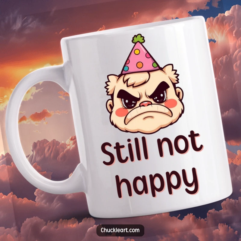 Funny mug featuring a grumpy face adorned with a comically oversized and silly party hat, perfect for birthdays.