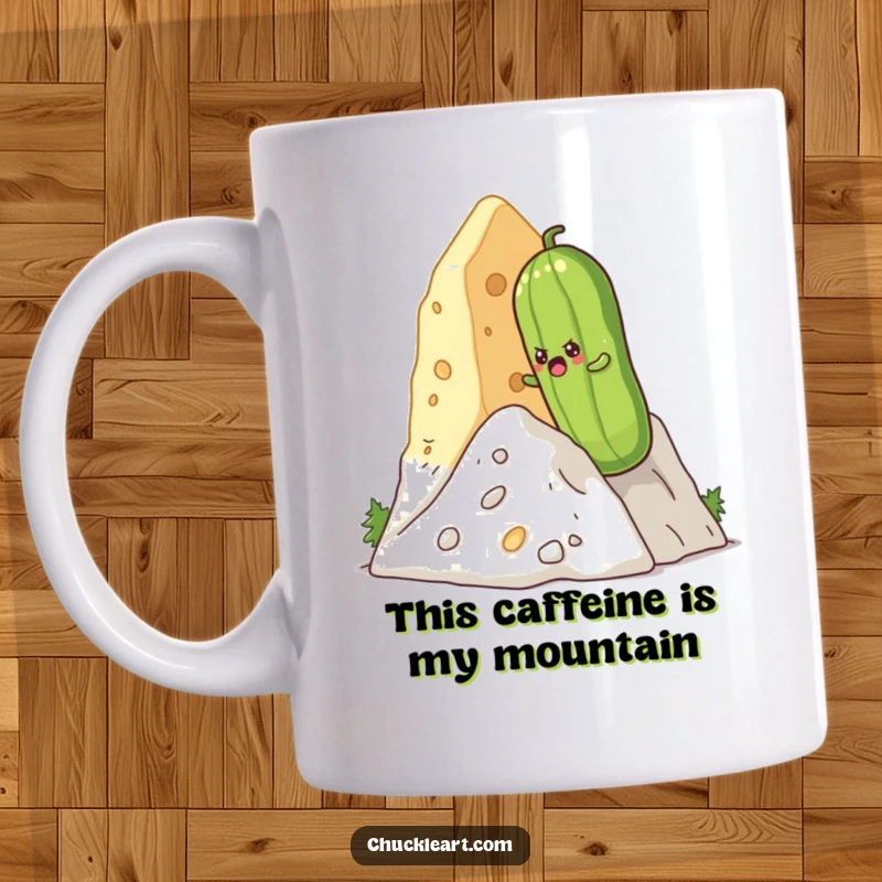 Funny determined pickle heroically attempting to climb a massive mountain made of yellow cheese, mug.