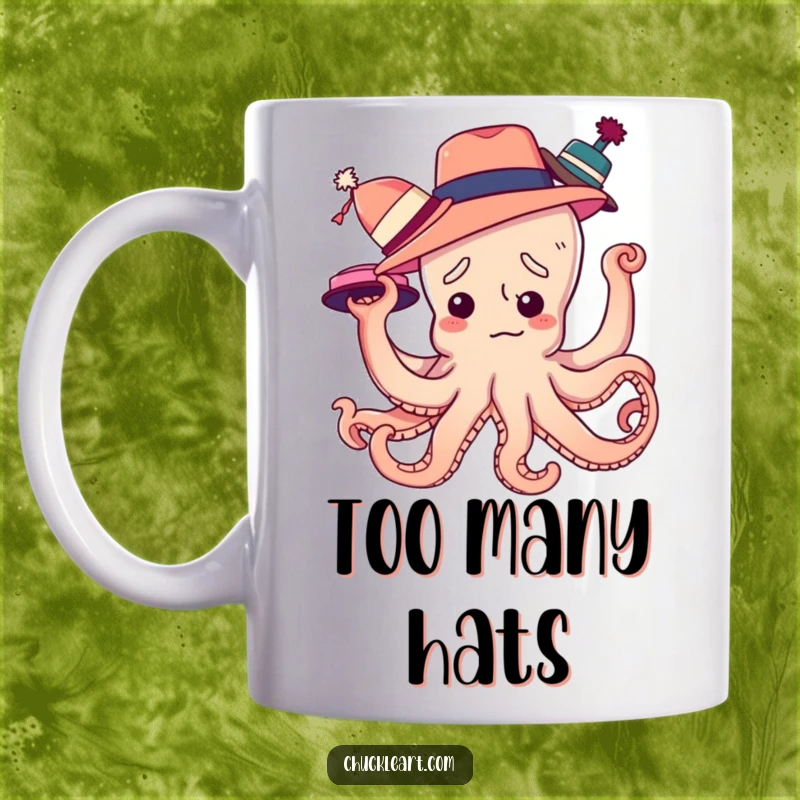 Funny mug showing a confused octopus with its arms tangled while trying to wear many hats at once, a comical depiction of indecision.