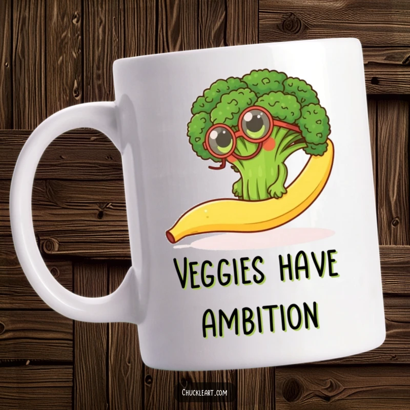 Funny mug with a broccoli floret wearing a monocle, hilariously trying to climb a slippery banana peel, a veggie challenge.