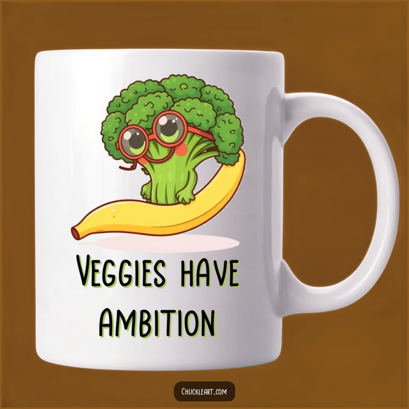 Funny Broccoli Monocle Mug: Determined Floret Climbs Banana - Perfect Funny Gift!