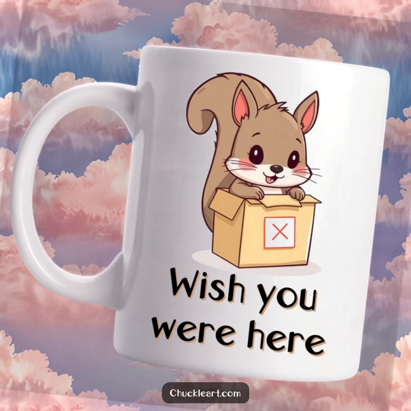 Funny mug showing a determined squirrel stuffing itself into a miniature cardboard box, ready for postage, a comical scene of animal ambition.