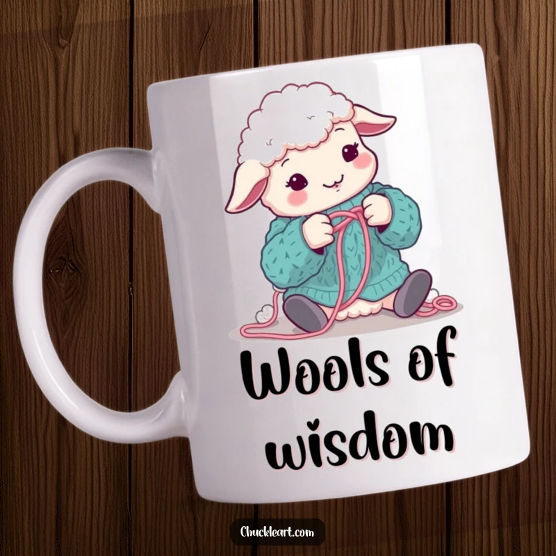 Funny sheep hilariously tangled in wool while attempting to knit a sweater, on a mug, perfect for a funny gift.