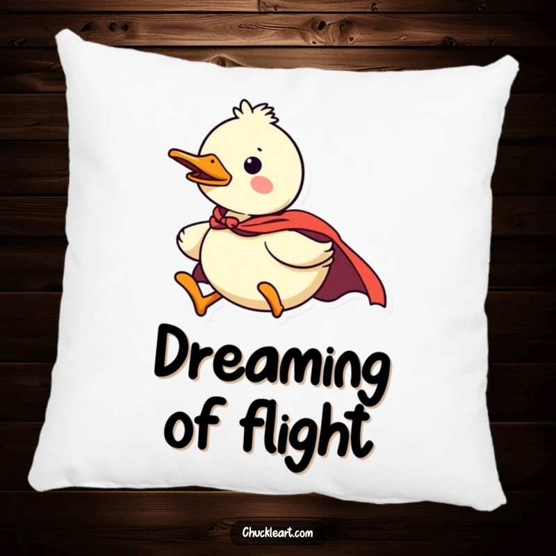 Funny duck superhero pillow, soft and confident, flying with a tiny cape, a humorous and comfortable home decor gift.