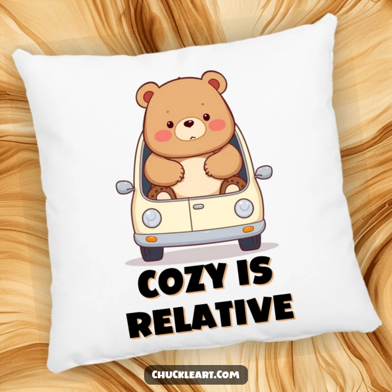 Funny chubby bear hilariously trying to fit into a tiny car, spilling out, depicted on a soft pillow for a funny gift.