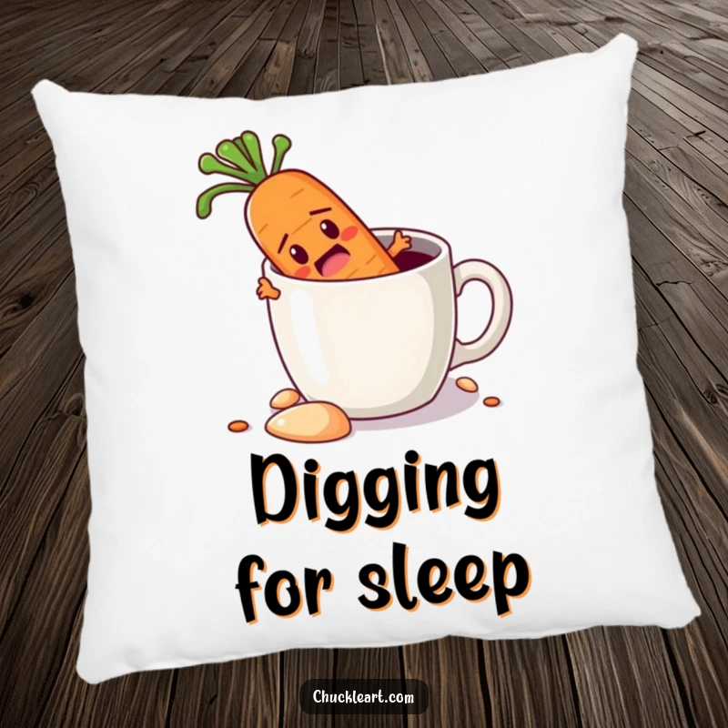 Funny pillow depicting a determined carrot digging its way out of a coffee mug, providing comfort and a humorous message of perseverance.