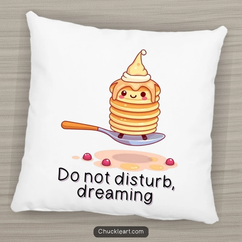 Funny decorative pillow with a wobbly pancake stack wearing hats, comically escaping a large fork, soft and humorous.