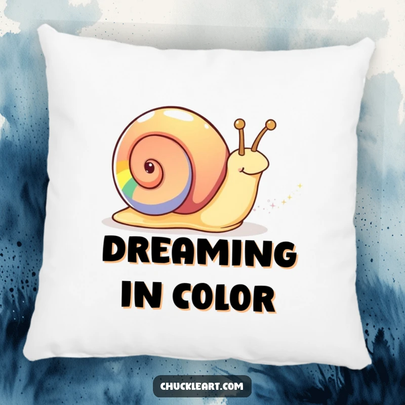 Funny rainbow snail pillow with a snail boasting a rainbow shell and leaving a sparkly trail, offering comfort and magic.
