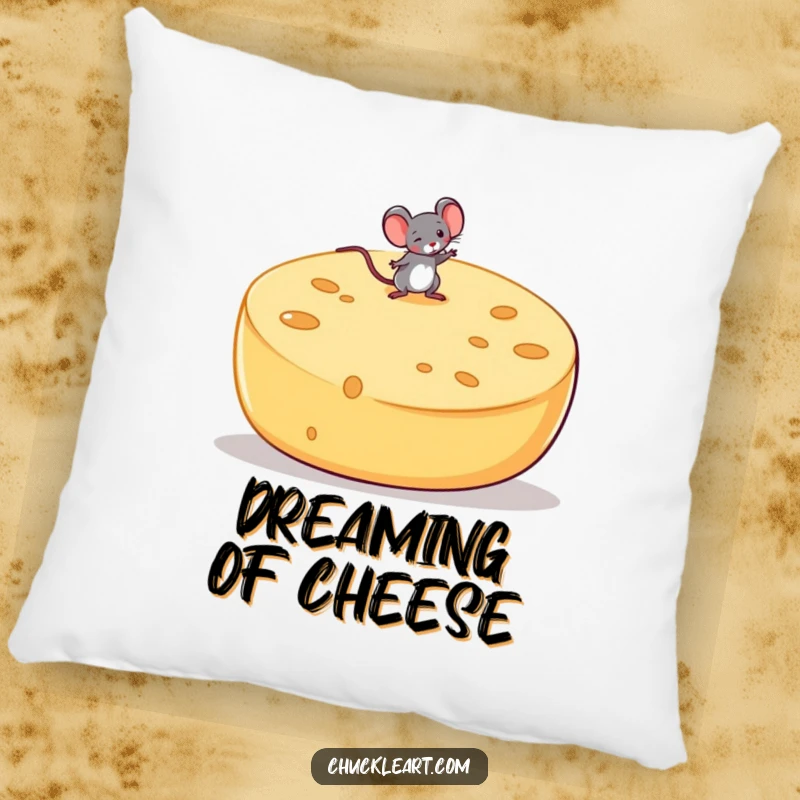 Soft pillow featuring a funny mouse attempting to balance on a giant, wobbling cheese wheel, bringing comedic charm to relaxation.