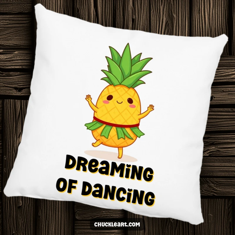 Funny pillow with a dancing pineapple wearing a hula skirt, spinning with energetic joy, perfect for adding tropical flair.