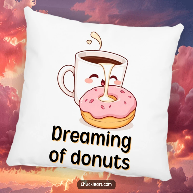 Funny pillow with a winking coffee cup pouring milk into a surprised donut, cozy and humorous decor.