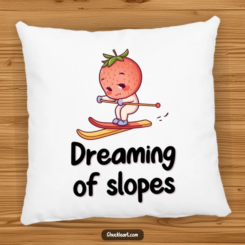 Funny skiing strawberry pillow, a determined berry on a breadstick ski, offering plush comfort and whimsical amusement.