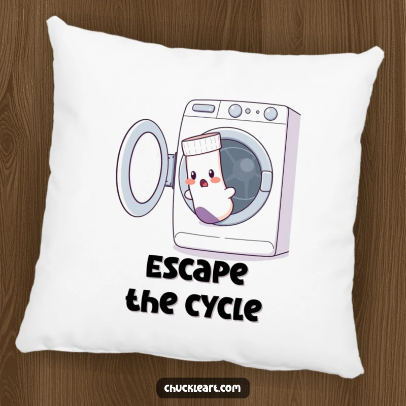 Funny pillow showing a startled sock with a hole escaping a washing machine, a humorous and cozy addition.