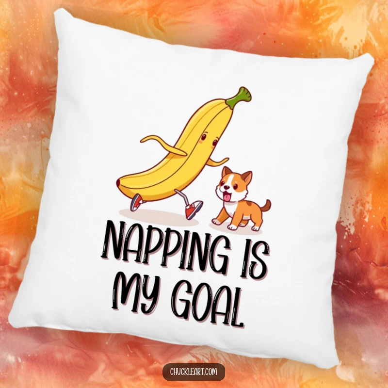 Funny banana peel wearing shoes plotting to trip a dog, on a soft, decorative pillow.