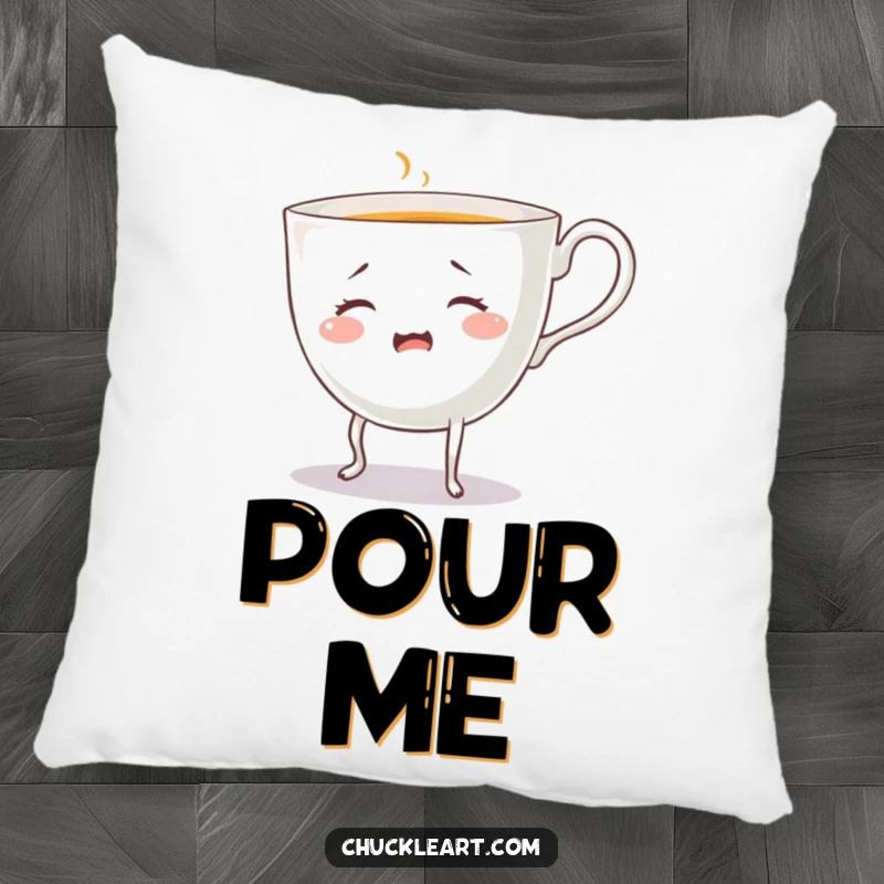 Funny bewildered teacup with legs, pouring a drink, on a pillow, a soft and humorous decor item.