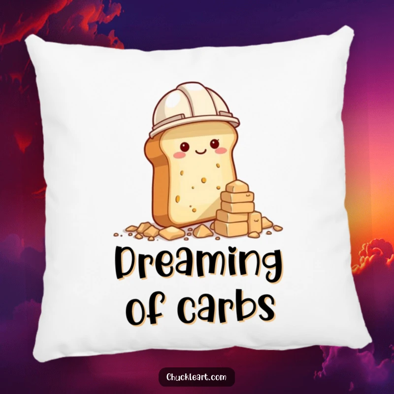 Funny pillow with a bread loaf in a construction hat building a crumb tower, cozy and humorous decor.