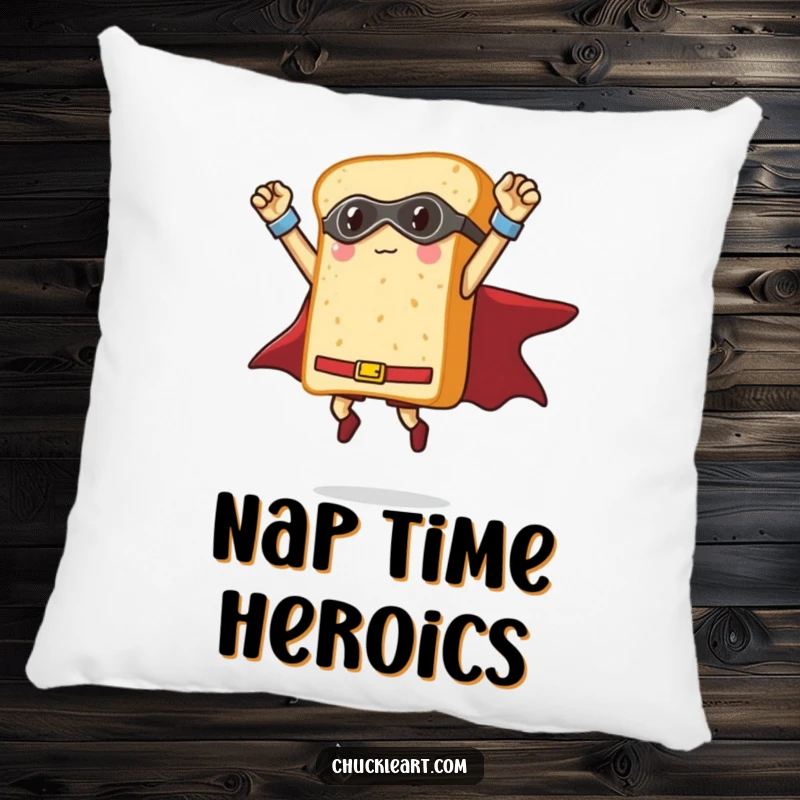 Funny loaf of bread dressed as a superhero striking a triumphant pose mid-air, a soft and humorous throw pillow.