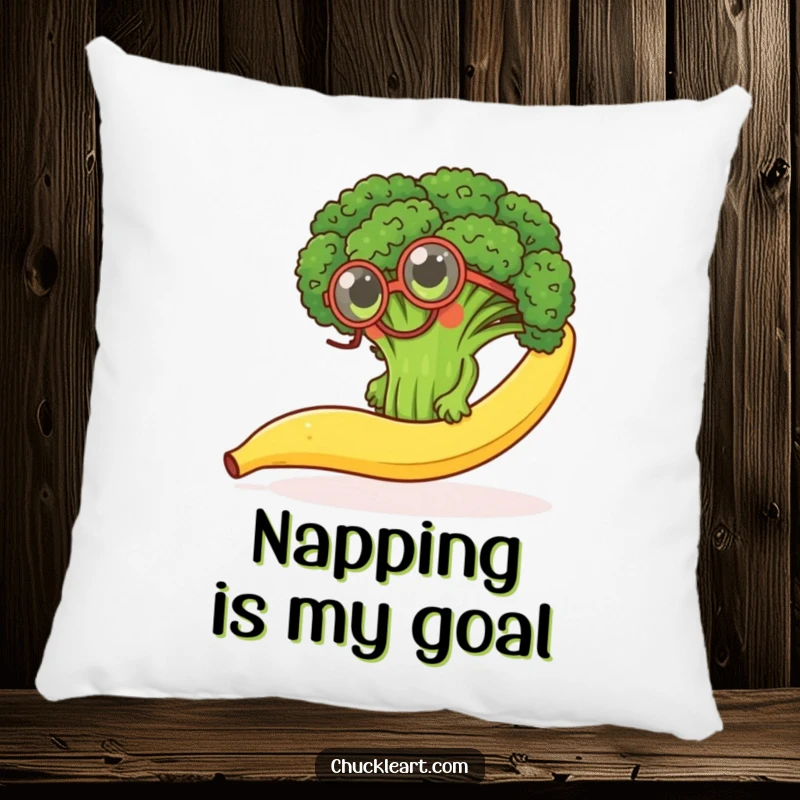 Funny decorative pillow with a determined broccoli floret wearing a monocle, attempting to climb a banana peel, soft and humorous.