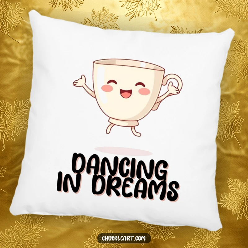 Funny pillow design of a teacup with arms and legs doing a silly dance, bringing cheerful vibes and comfort to any room.