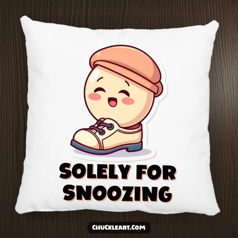 Funny pillow featuring a giggling button character comically trying to wear a hat as a shoe, adding comfort and humor to any space.