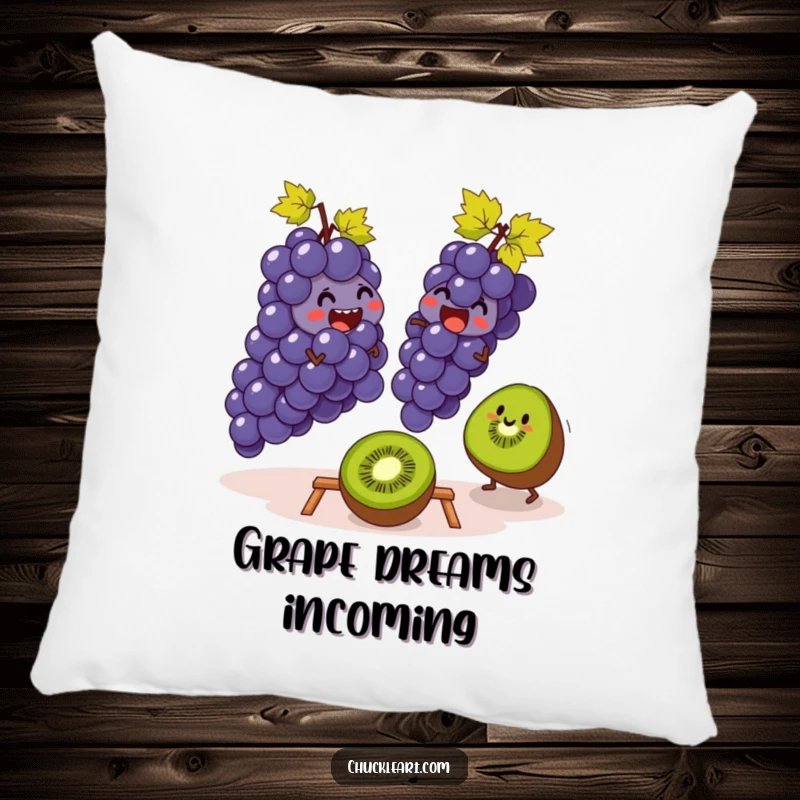 Funny pillow displaying grapes and a kiwi in a playful leapfrog scene, adding a humorous and comfortable touch to any room.