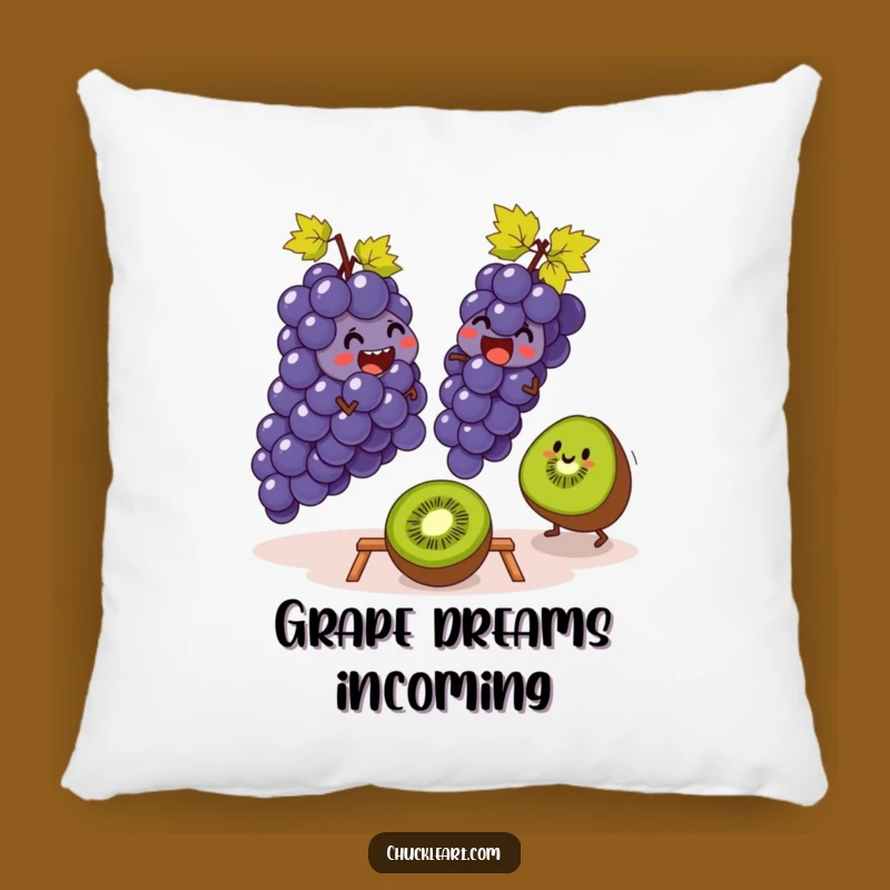 Funny Grapes & Kiwi Leapfrog Pillow: Cozy Fruit Humor Decor