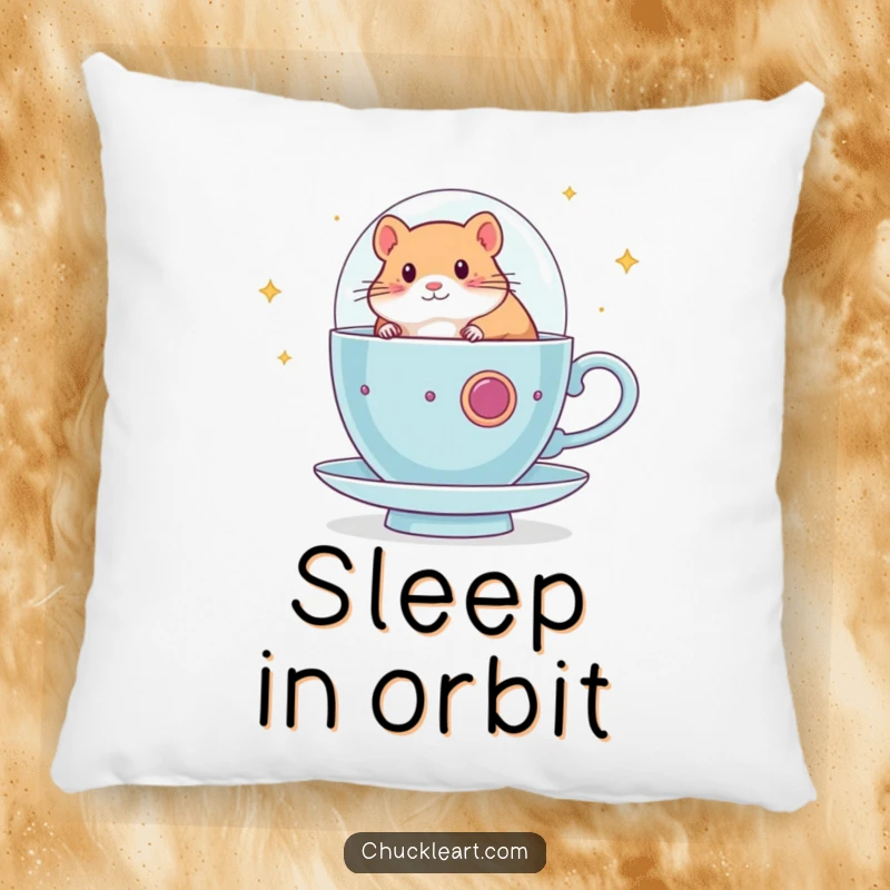 Funny hamster pillow with a hamster piloting a teacup spaceship, offering comfort and a touch of whimsical, humorous space adventure.