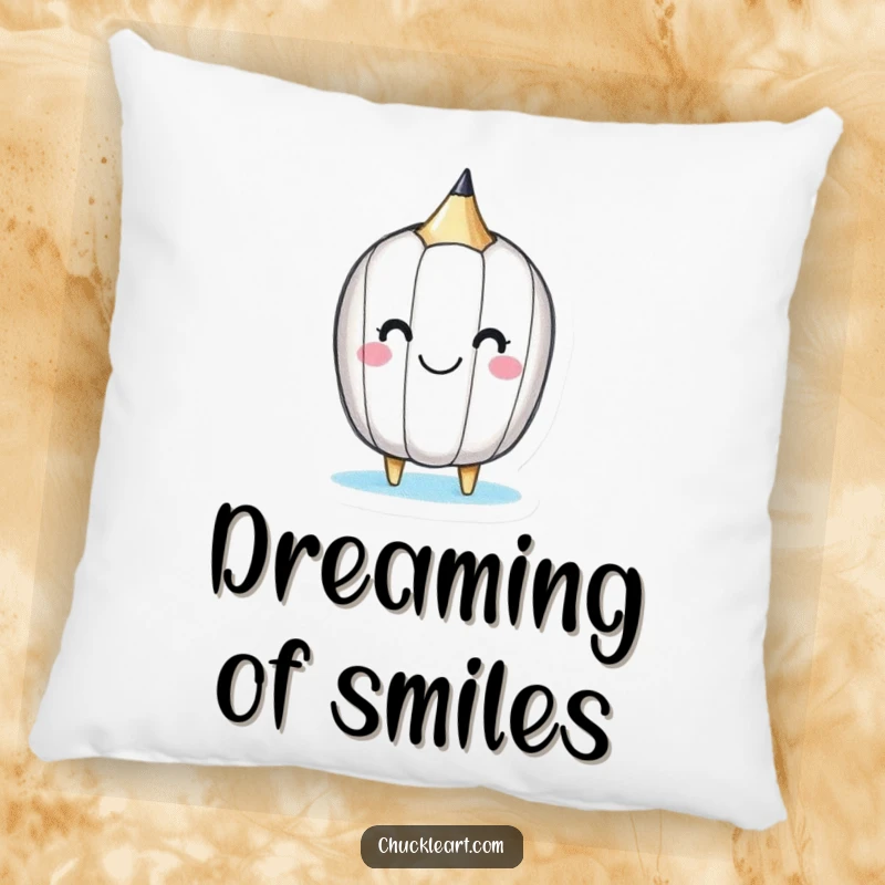 Funny pillow with a happy little pencil drawing a smiley face on itself, perfect for cozy spaces.